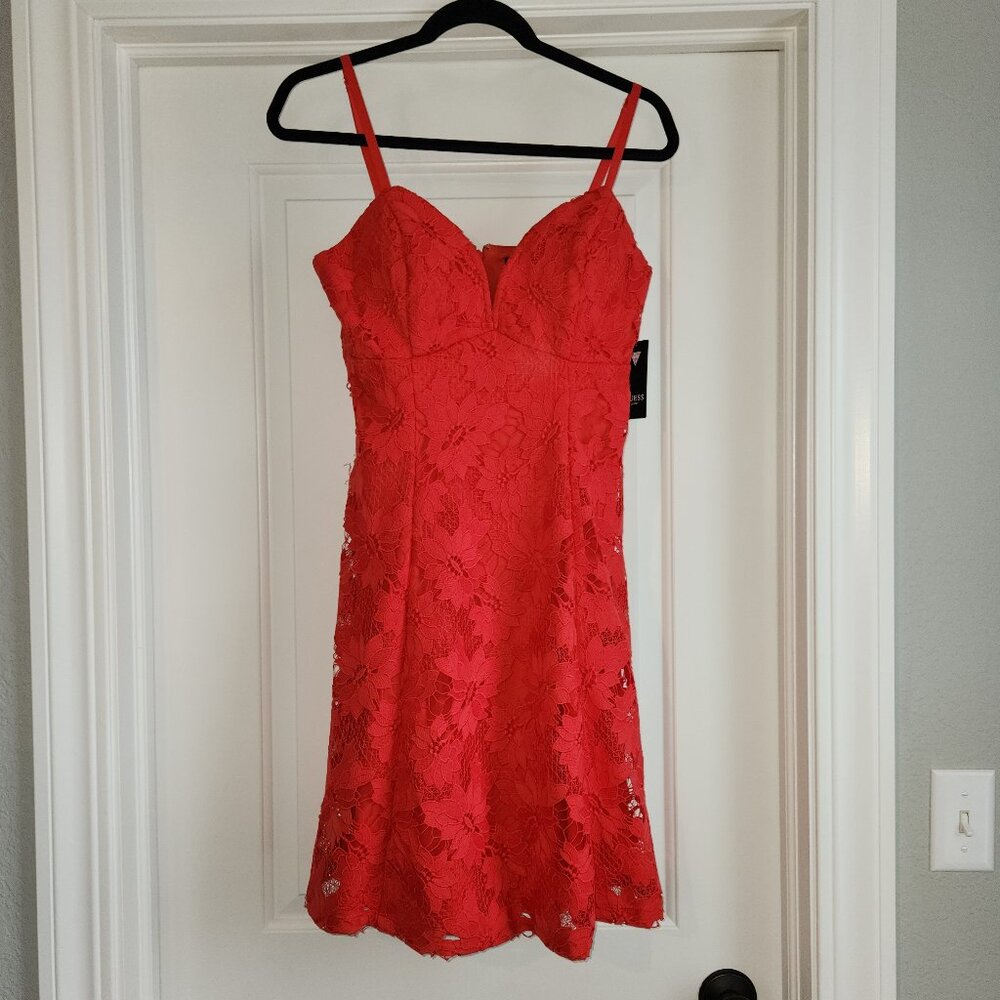 Guess Red Floral Lace Sweetheart Neckline Mini Dress Fit and Flare